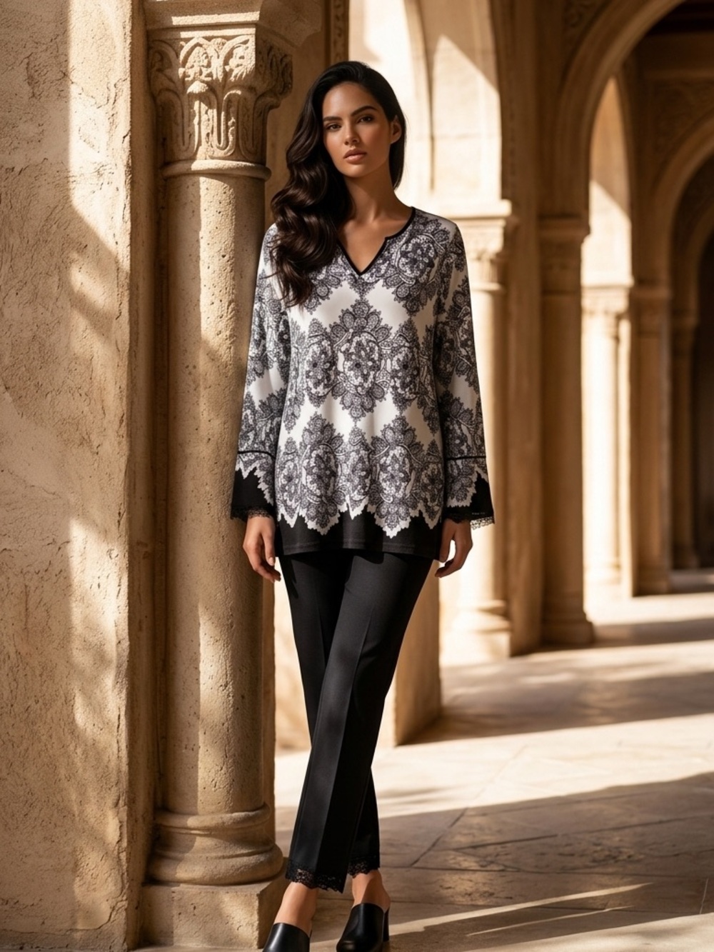 Chico's Women Size 2 (Large) Black White Lace Print V-Neck Tunic Top Long Sleeve